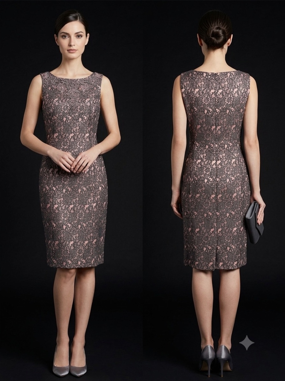Sleeveless Lace Midi Sheath Dress in Pink and Gray